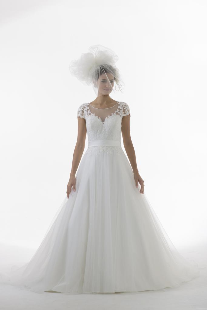 AT6632 - Round Neck Lace Illusion Wedding Dress with Full Skirt & Illusion Back