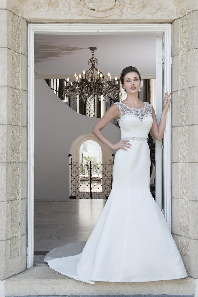 VE8238 - Beaded High Illusion Sweetheart Neckline Wedding Dress with Trumpet Style Skirt & Court Length Train